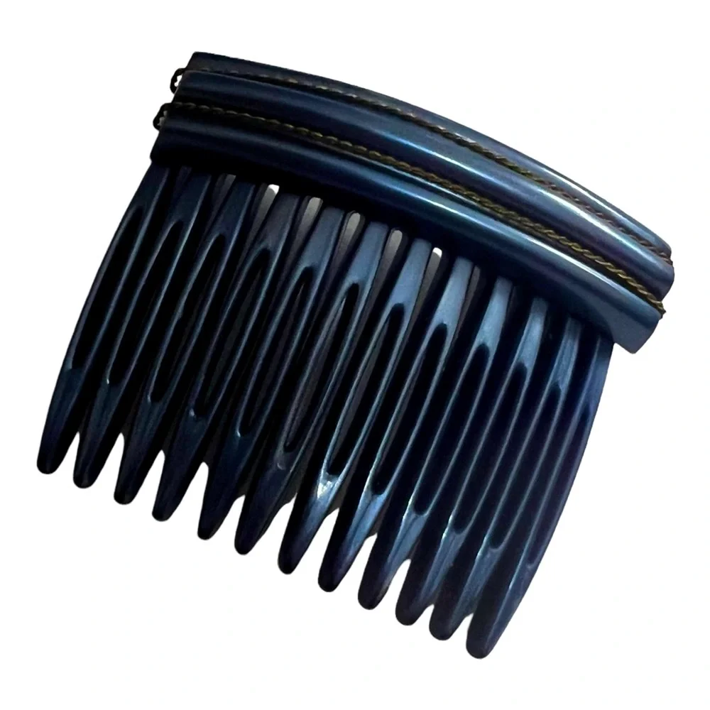 1980’s Blue French Hair‎ Comb With Gold Threading, Handmade in France, Deadstock
